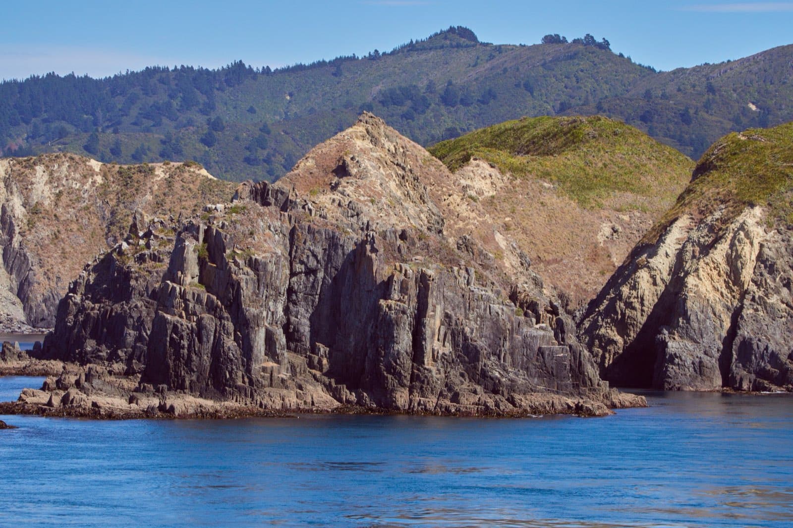 Rocky headlands and forested hills above the blue water of Queen Charlotte Sound